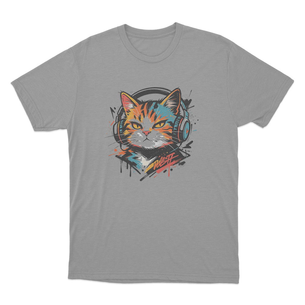 Graffiti Cat With Headphones Unisex T Shirt Grey Graffiti Cat With Headphones Unisex T Shirt Grey