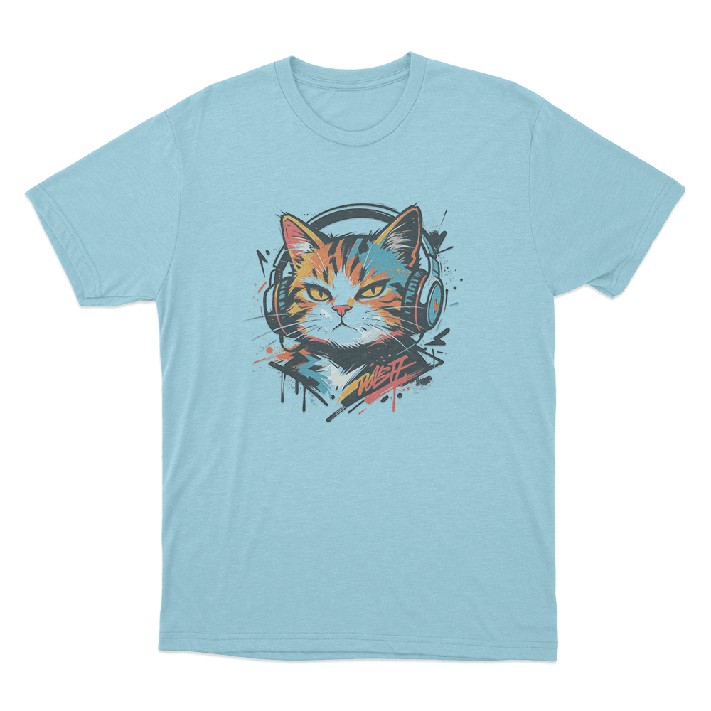 Graffiti Cat With Headphones Unisex T Shirt Sky Blue Graffiti Cat With Headphones Unisex T Shirt Sky Blue