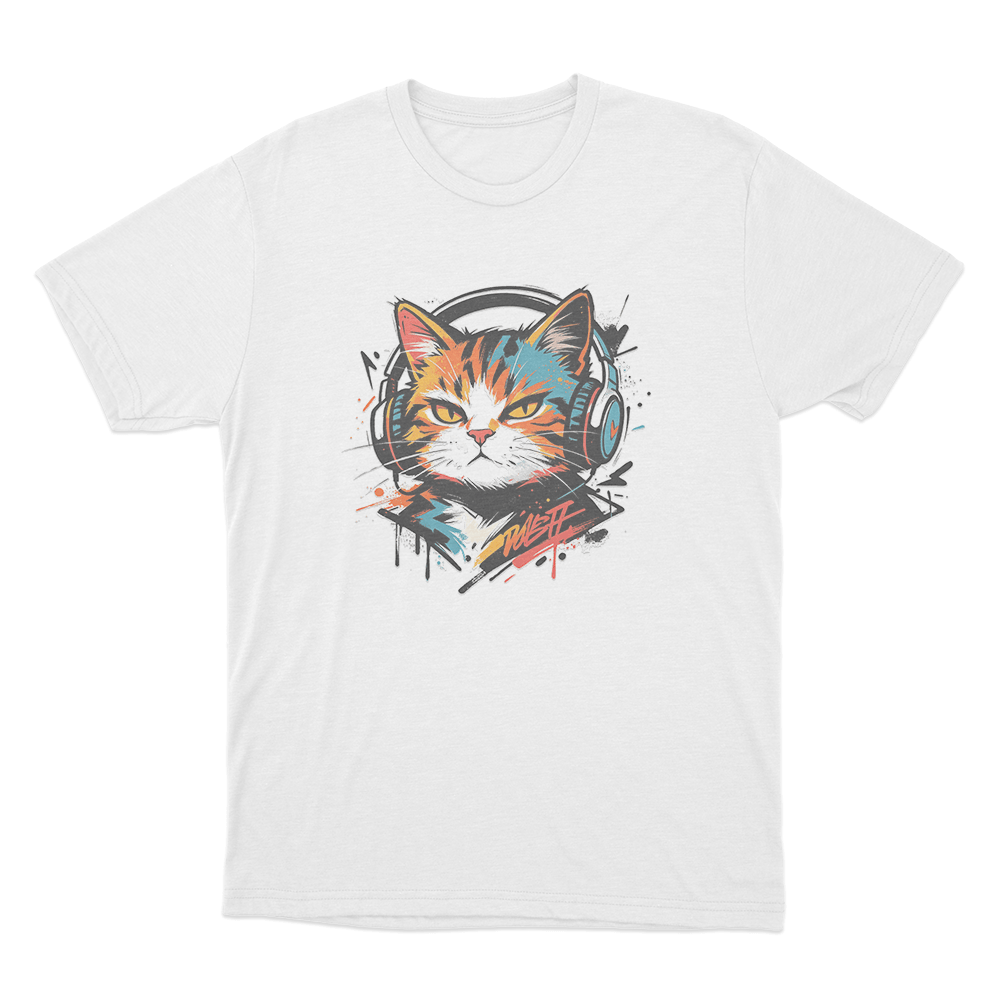 Graffiti Cat With Headphones Unisex T Shirt White Graffiti Cat With Headphones Unisex T Shirt White