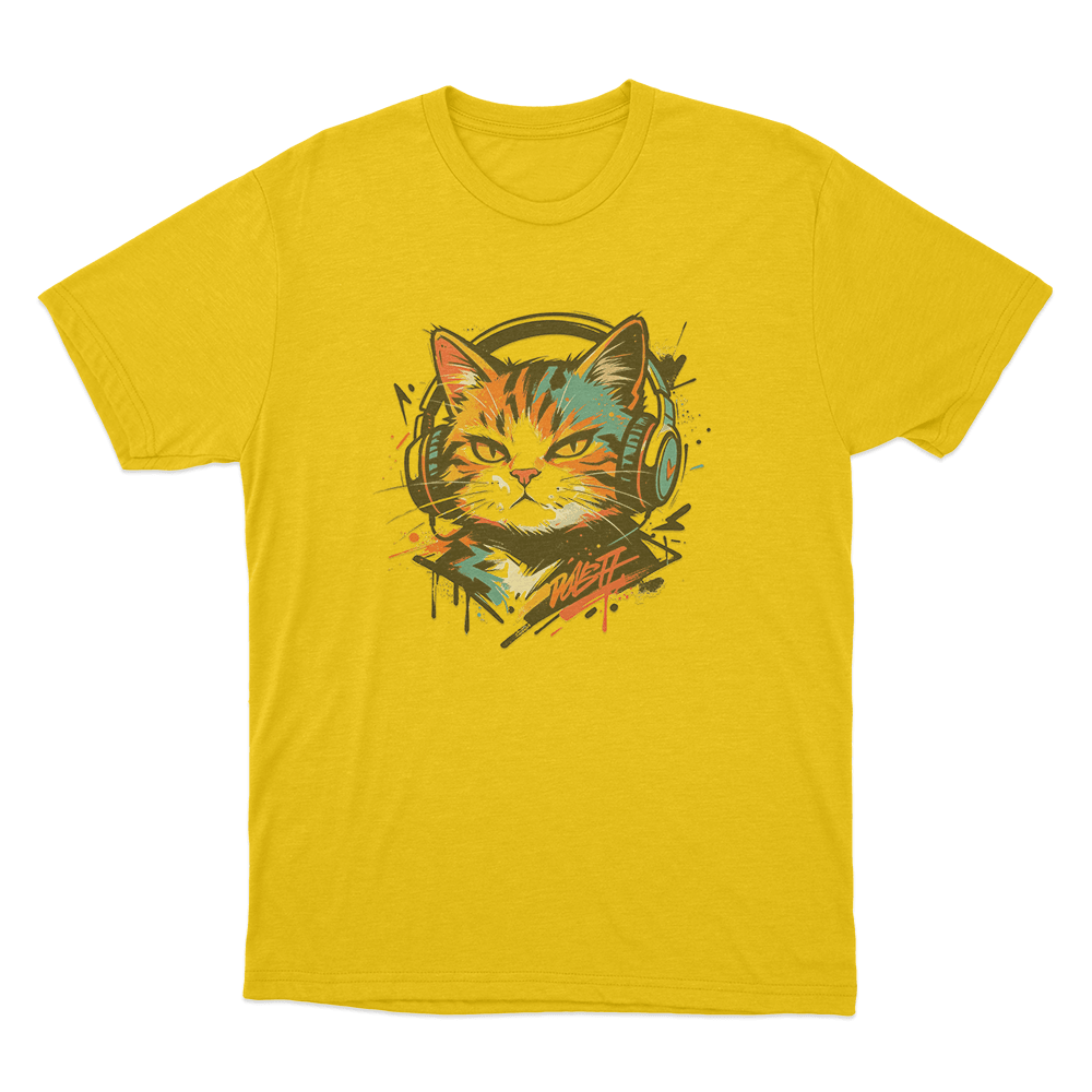 Graffiti Cat With Headphones Unisex T Shirt Yellow Graffiti Cat With Headphones Unisex T Shirt Yellow