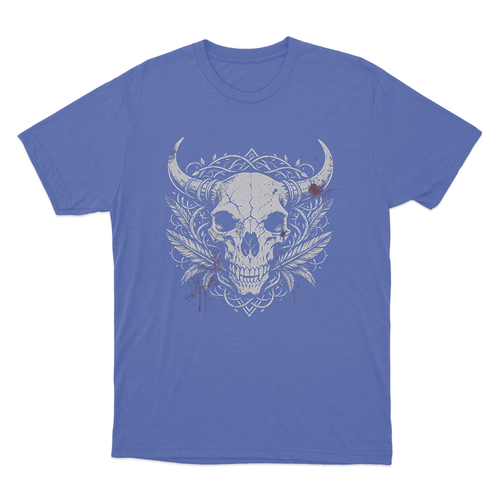 Horned Skull With Blood Splatter Print Unisex T Shirt Blue Horned Skull With Blood Splatter Print Unisex T Shirt Blue