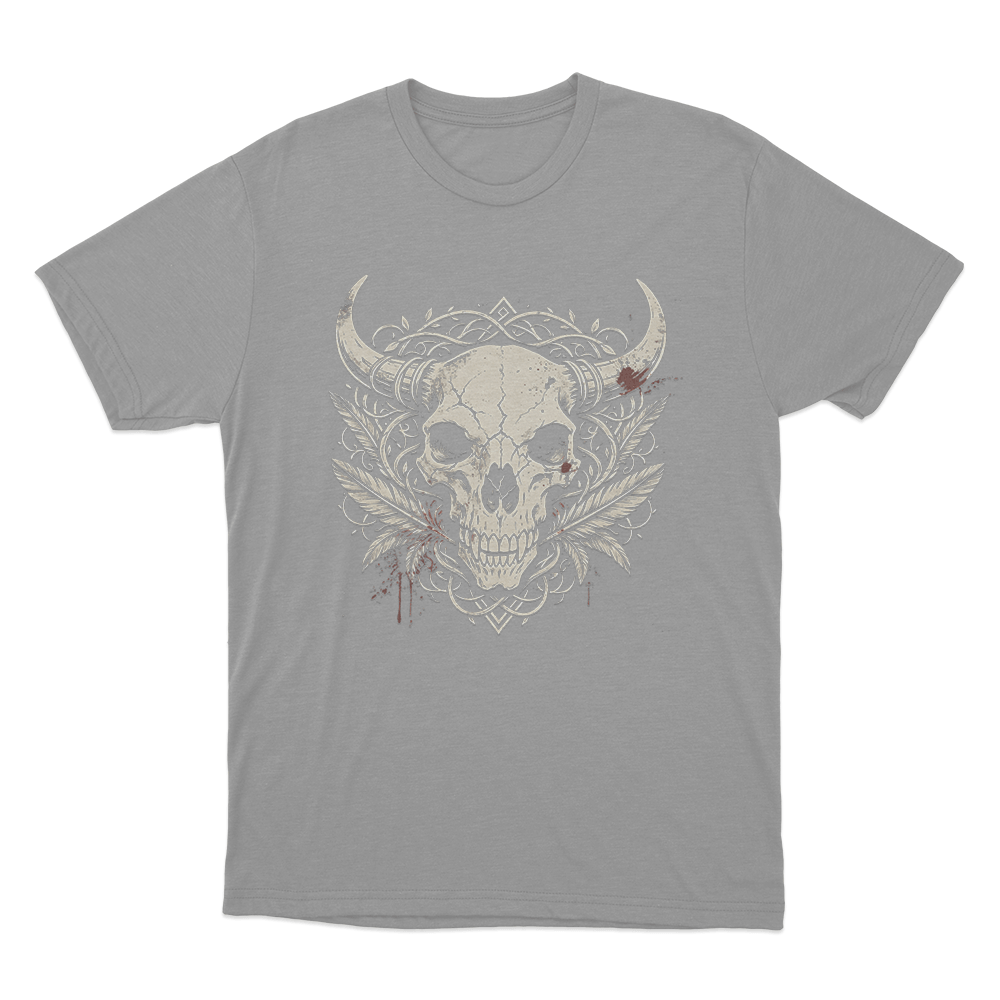 Horned Skull With Blood Splatter Print Unisex T Shirt Grey Horned Skull With Blood Splatter Print Unisex T Shirt Grey