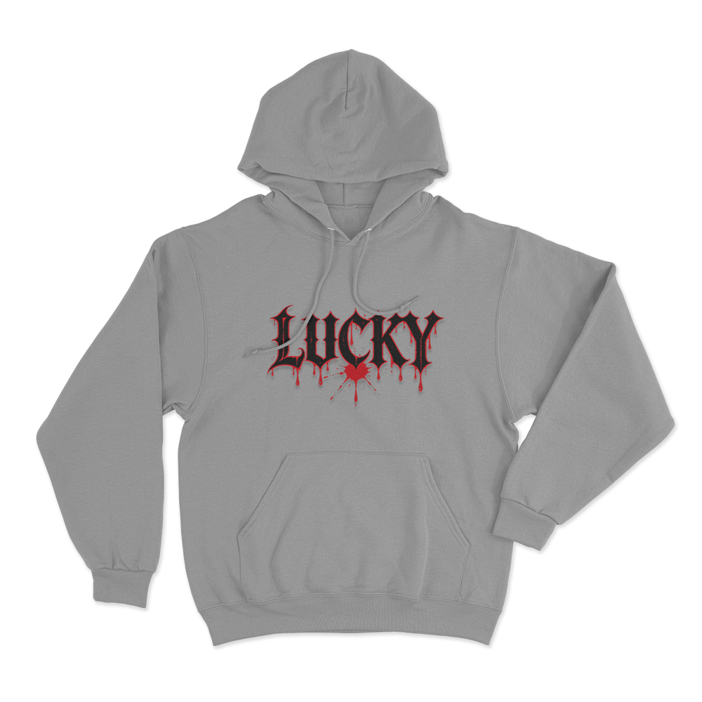 Lucky Blood Gothic Print Unisex Hoodie Grey Lucky Blood Gothic Print Unisex Hoodie Grey
