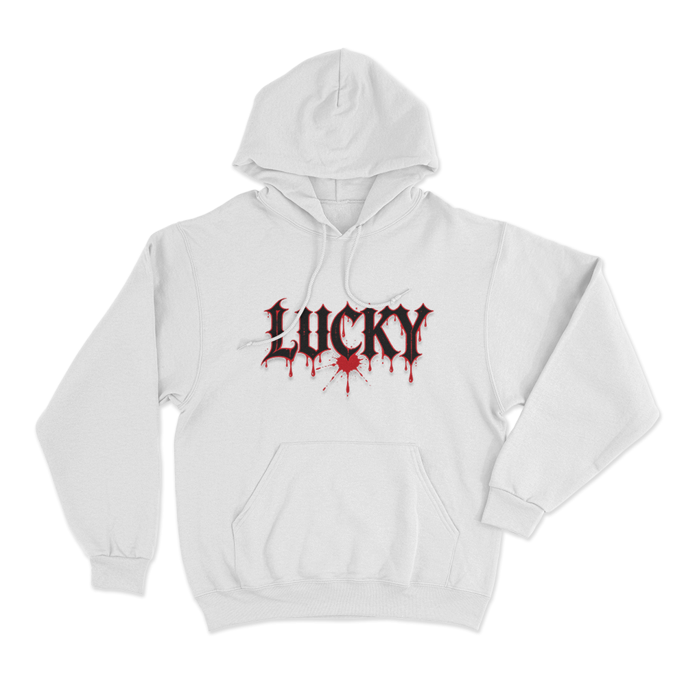 Lucky Blood Gothic Print Unisex Hoodie White Lucky Blood Gothic Print Unisex Hoodie White